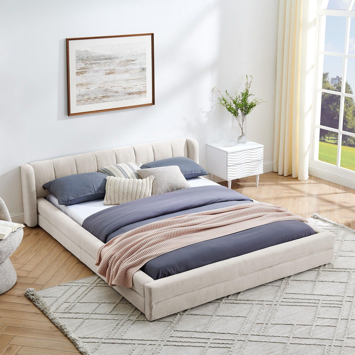 Modern Upholstered Bed Frame With Thick Chenille Fabric And Headboard - Furniture Home Direct