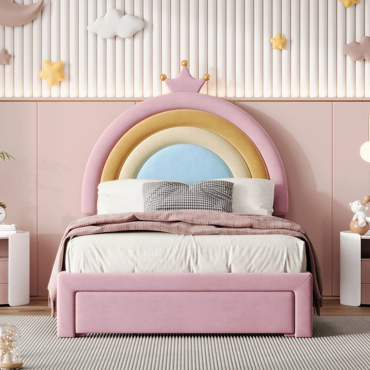 Upholstered Rainbow Design Bed, Velvet Princess Platform Bed With Storage Drawer - Furniture Home Direct