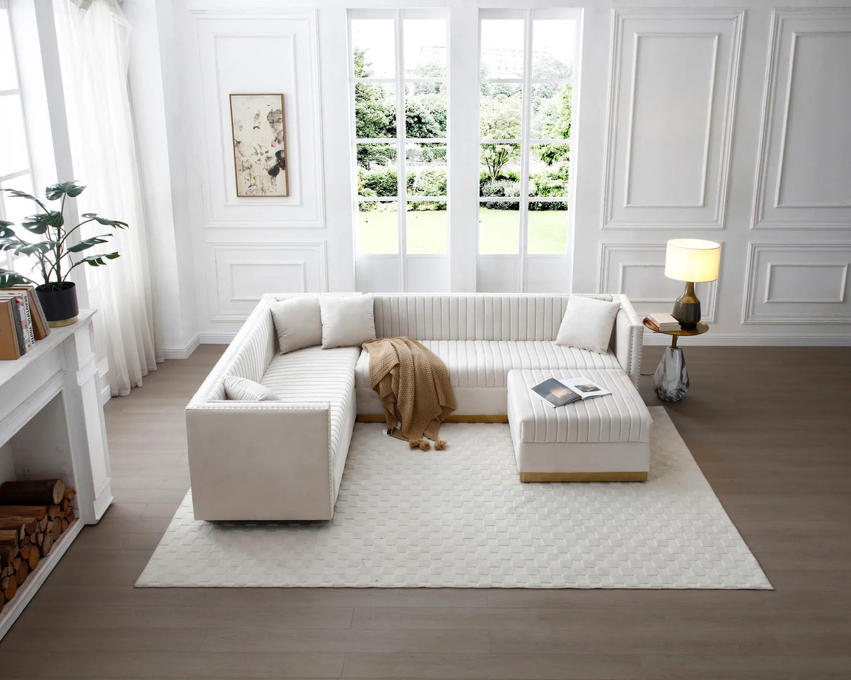 Contemporary Vertical Channel Tufted Velvet Sectional Sofa For Living Room Apartment With Ottoman And 4 Pillows - Furniture Home Direct