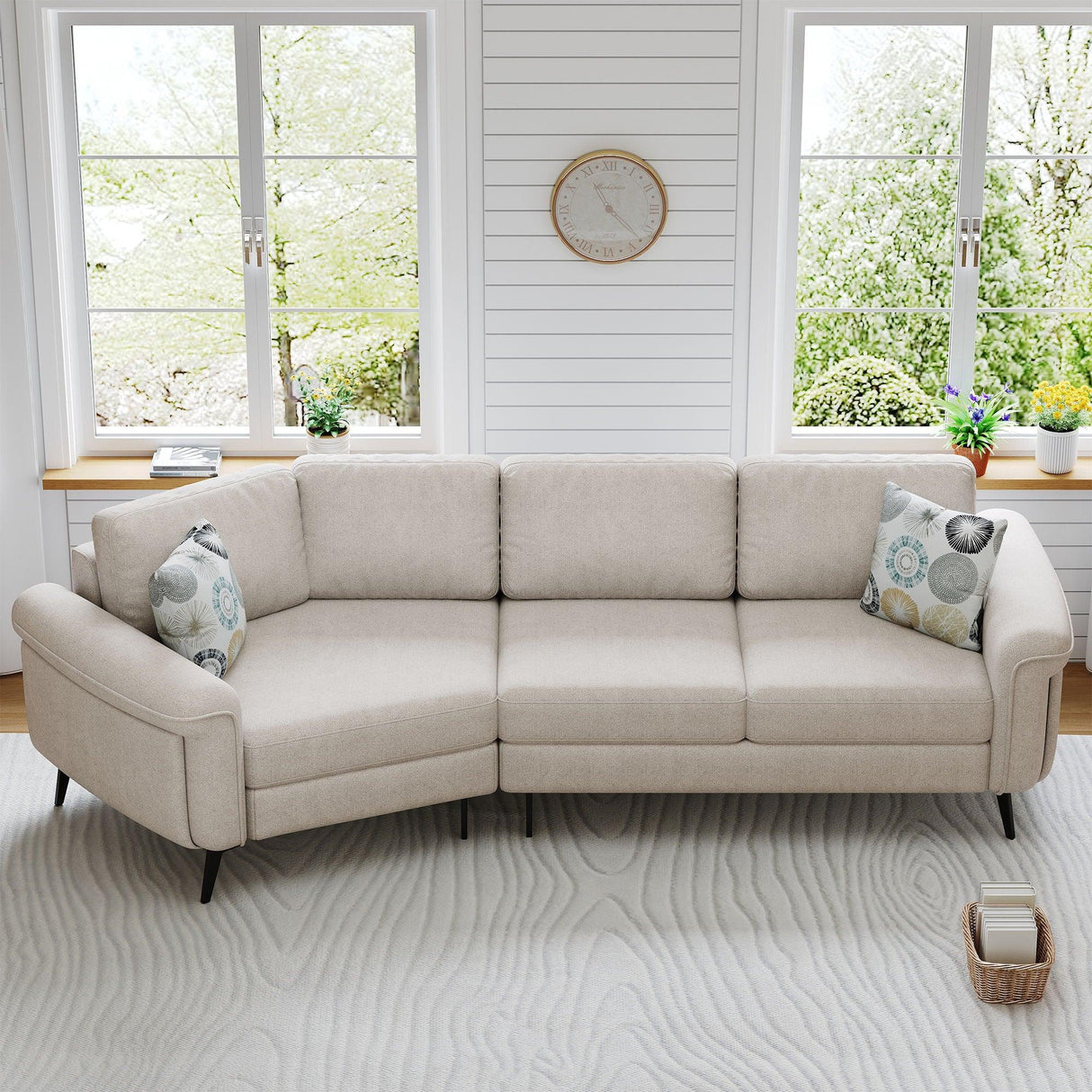 Upholstered 3 Seater Curved Sofa With Printed Pillows Chenille - Furniture Home Direct