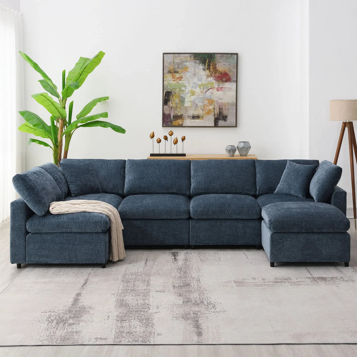 Modern Modular Cloud Sofa Bed, 6 Seat Chenille Sectional Couch Set With Ottoman, Free Combination, Convertible U Shaped Sleeper Sofa For Living Room - Furniture Home Direct
