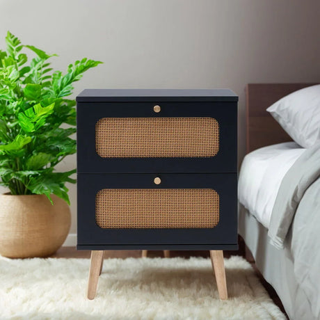 2 Drawer Rattan Nightstand For Bedroom And Living Room, End Table, Side Table With 2 Hand Made Rattan Decorated Drawers - Black - Furniture Home Direct
