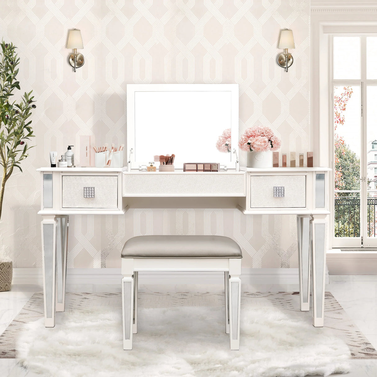 Vanity Desk With Mirror And Stool, Modern Minimalist White - Furniture Home Direct