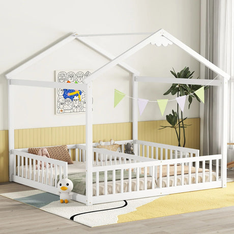 Double Twin House-Style Floor Bed With Fence, Guardrails, Without Door - Furniture Home Direct