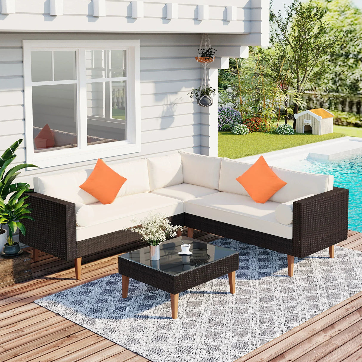 4 Pieces Outdoor Wicker L-Shape Sofa Set - Furniture Home Direct