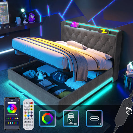 King Bed LED 360 Surround Lighting Storage USB Type C Gray - Furniture Home Direct