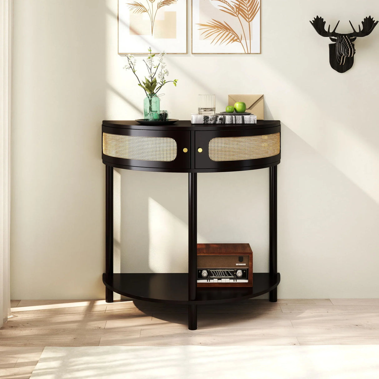 Boho Rattan Semi Circle End Table With Sliding Rattan Door, Storage And Bottom Shelf - Furniture Home Direct