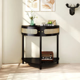 Boho Rattan Semi Circle End Table With Sliding Rattan Door, Storage And Bottom Shelf - Furniture Home Direct