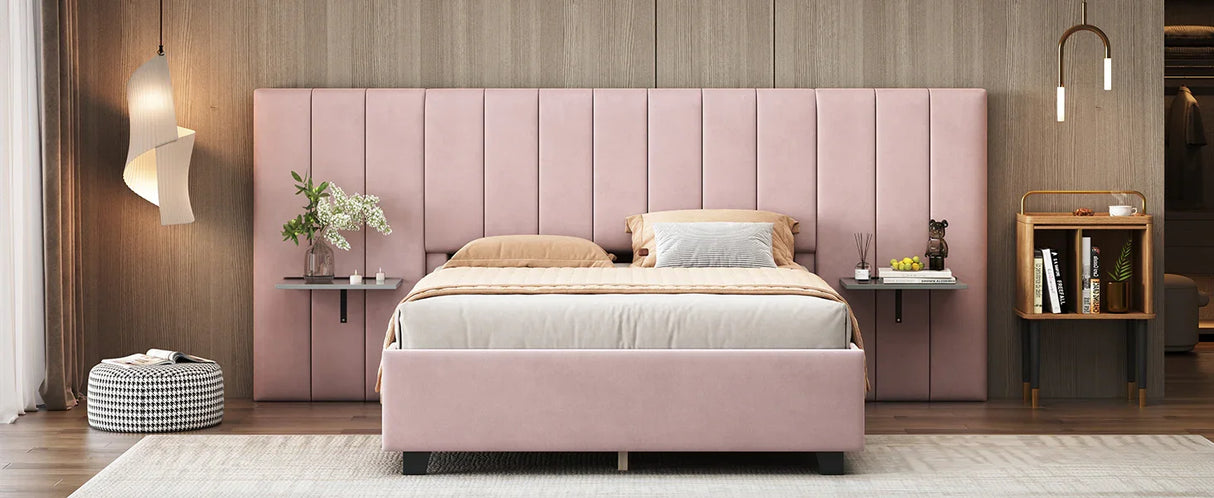 Full Size Upholstered Platform Bed Tall Headboard Pink - Furniture Home Direct