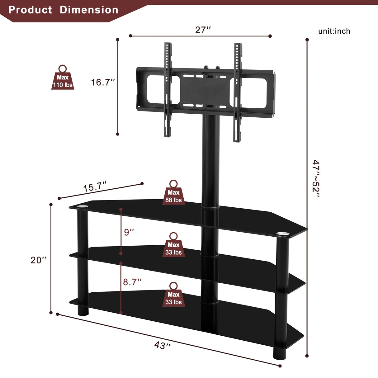43.3" Multi-Function TV Stand Height Adjustable Bracket Swivel 3 Tier - Black - Furniture Home Direct