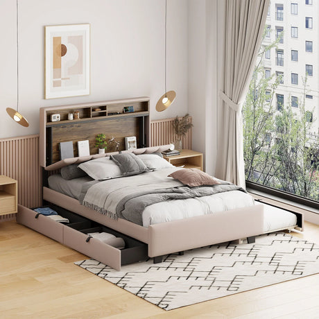 Upholstered Platform Bed With Storage Headboard, Trundle & 2 Drawers And A Set Of Sockets & USB Ports - Furniture Home Direct