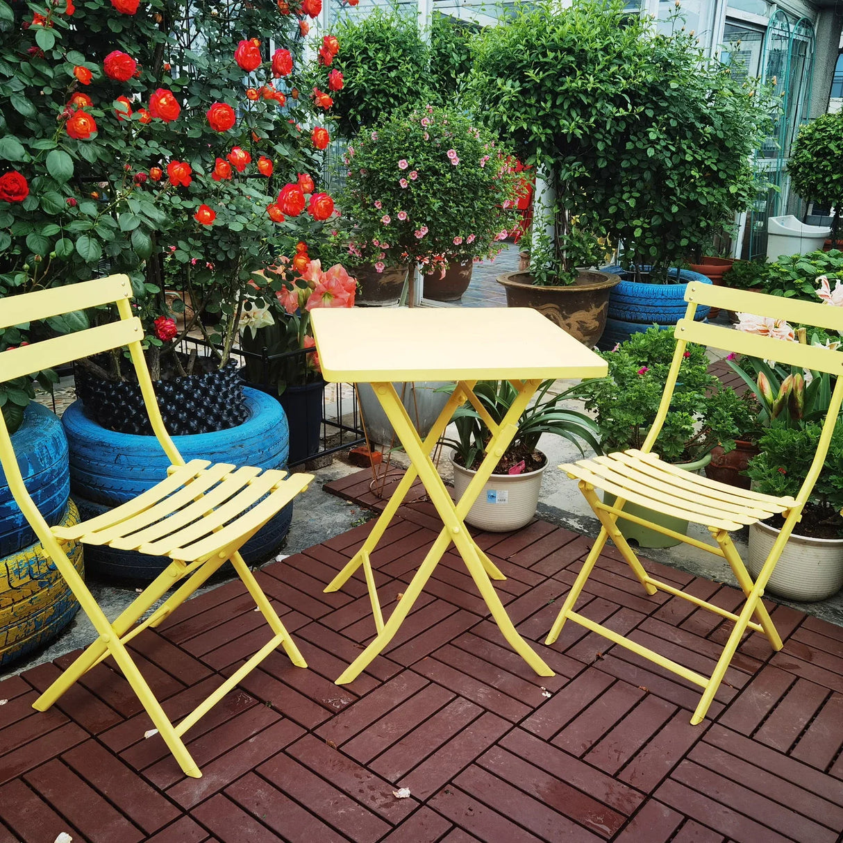 3 Piece Patio Bistro Set Of Foldable Square Table And Chairs - Furniture Home Direct