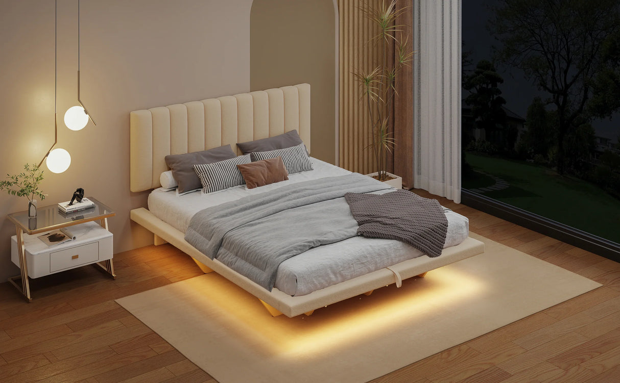Queen Bed With Upholstered Storage And LED Lighting Beige - Furniture Home Direct