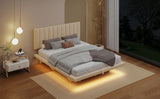 Queen Bed With Upholstered Storage And LED Lighting Beige - Furniture Home Direct