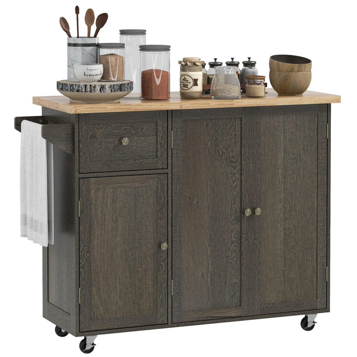 Homcom - Triple-Cabinet Rolling Kitchen Island On Wheels, Kitchen Cart With Storage Shelf Adjustment, Rolling Utility Cart With Wood Top, Towel Rack, Big Drawer - Distressed Brown - Furniture Home Direct