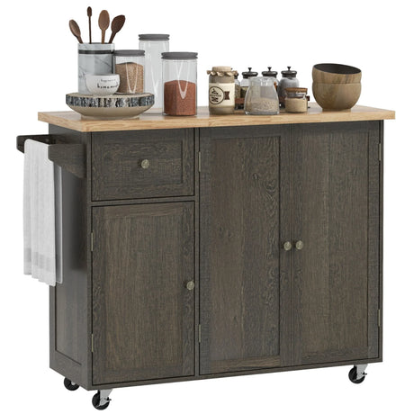Homcom - Triple-Cabinet Rolling Kitchen Island On Wheels, Kitchen Cart With Storage Shelf Adjustment, Rolling Utility Cart With Wood Top, Towel Rack, Big Drawer - Distressed Brown - Furniture Home Direct