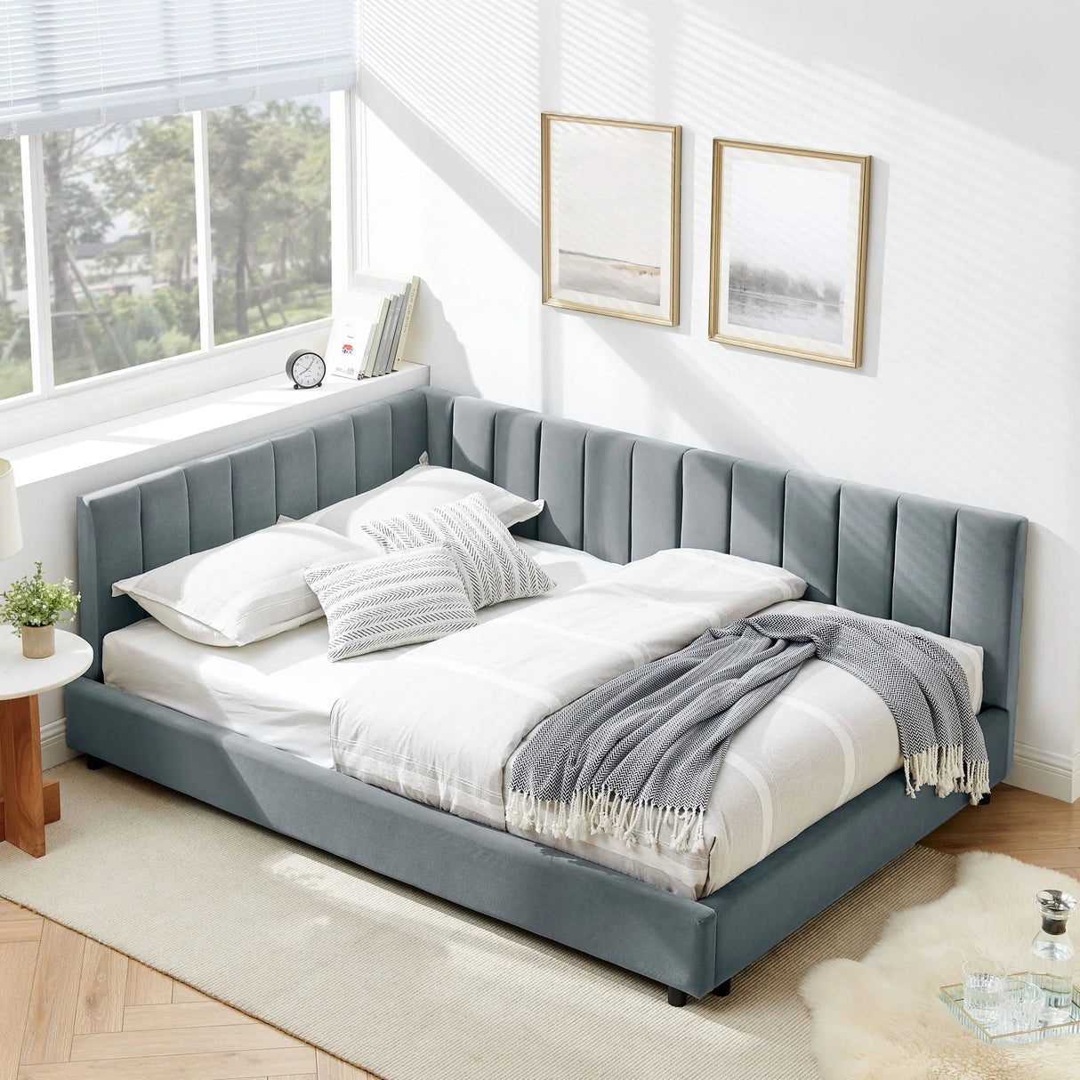 Mid-Century Upholstered Tufted Bed Frame With Backrest And Armrests - Furniture Home Direct