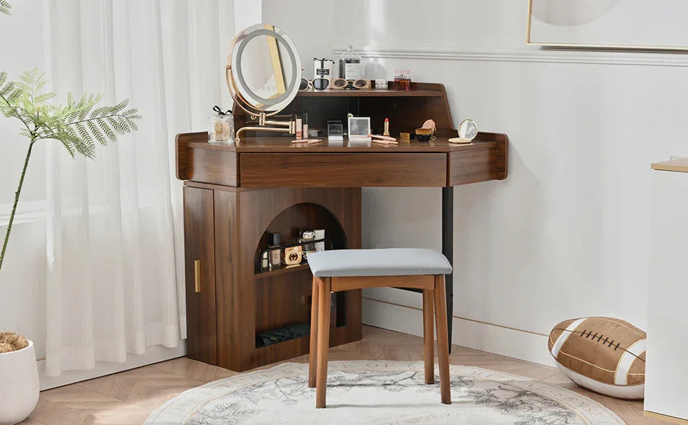 Vanity Desk With Mirror And LED Lights Elegant Walnut - Furniture Home Direct
