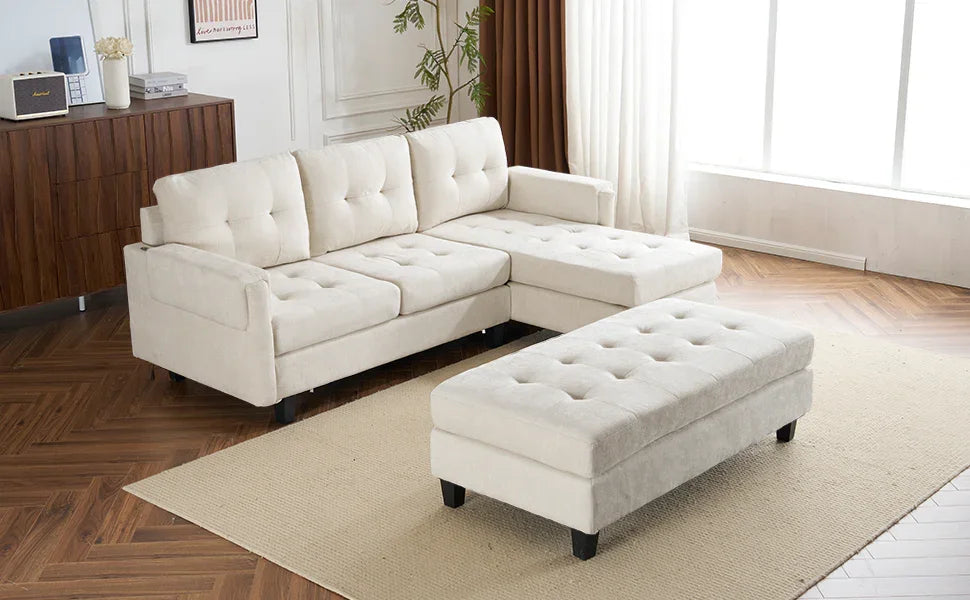 Sleeper Sectional Chenille L Shaped With Chaise Beige - Furniture Home Direct