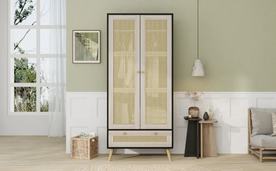 Wardrobe With 2 Rattan Doors And Drawer Natural Black - Furniture Home Direct
