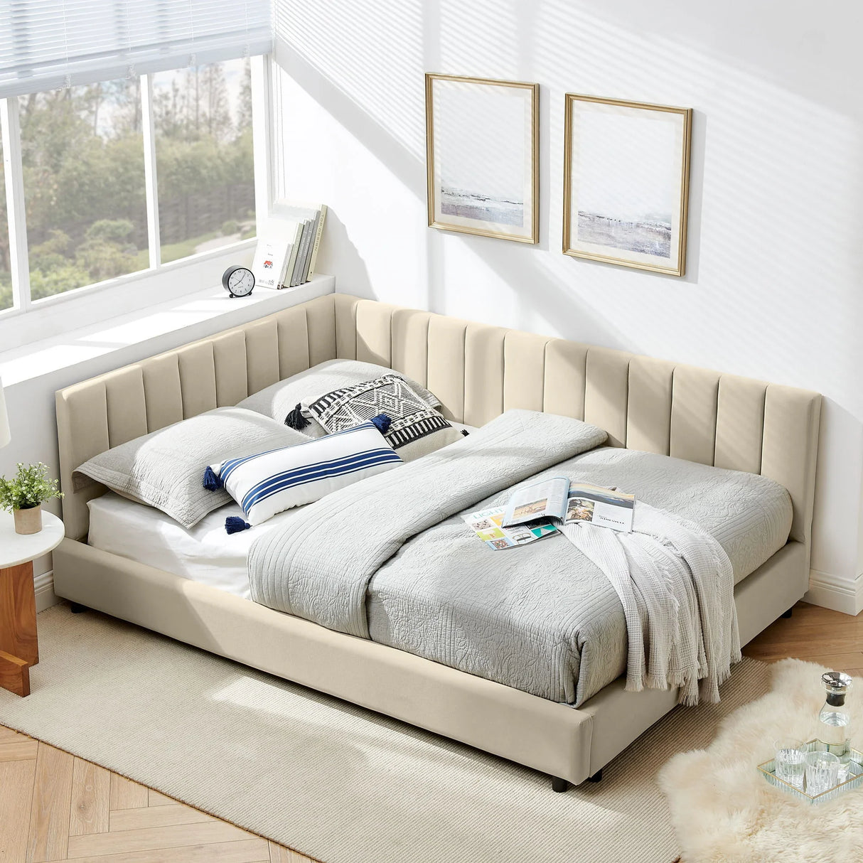 Mid-Century Upholstered Tufted Bed Frame With Backrest And Armrests - Furniture Home Direct