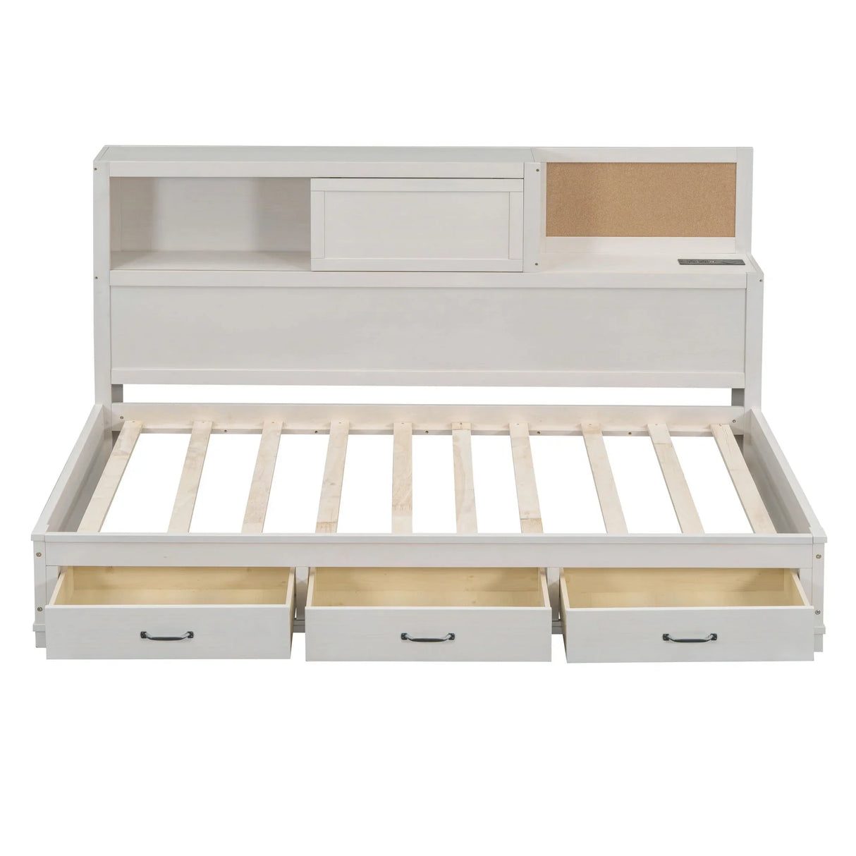 Twin Size Daybed With 3 Storage Drawers, Upper Soft Board, Shelf, And A Set Of Sockets And USB Ports - White - Furniture Home Direct