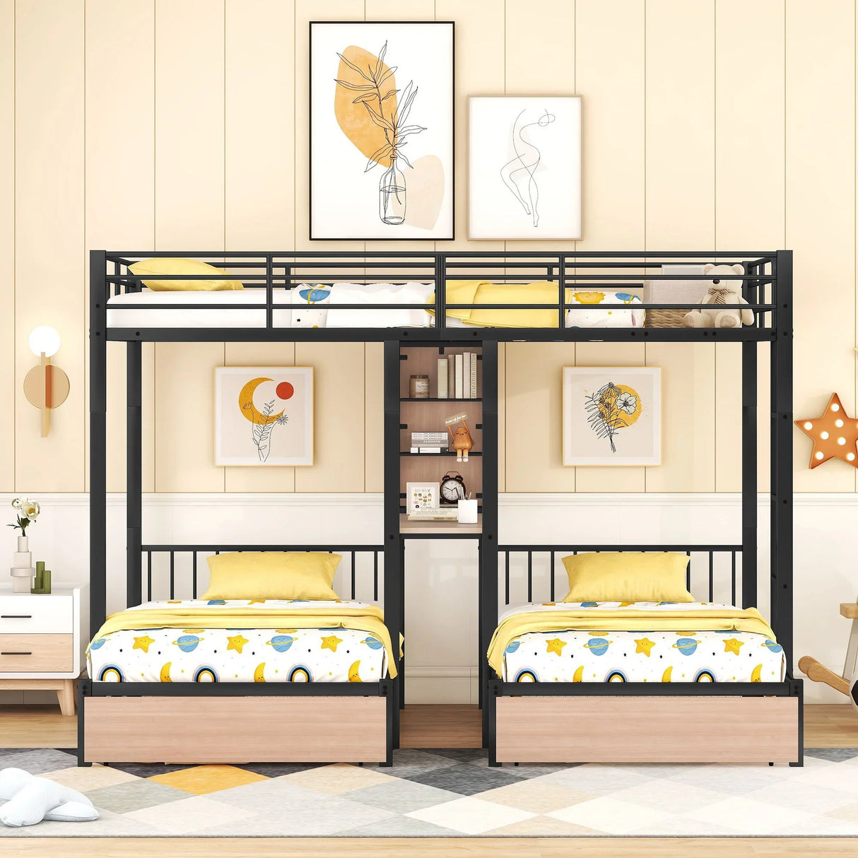 Triple Bunk Bed With Drawers, Multi-Functional Frame With Desks And Shelves In The Middle - Furniture Home Direct
