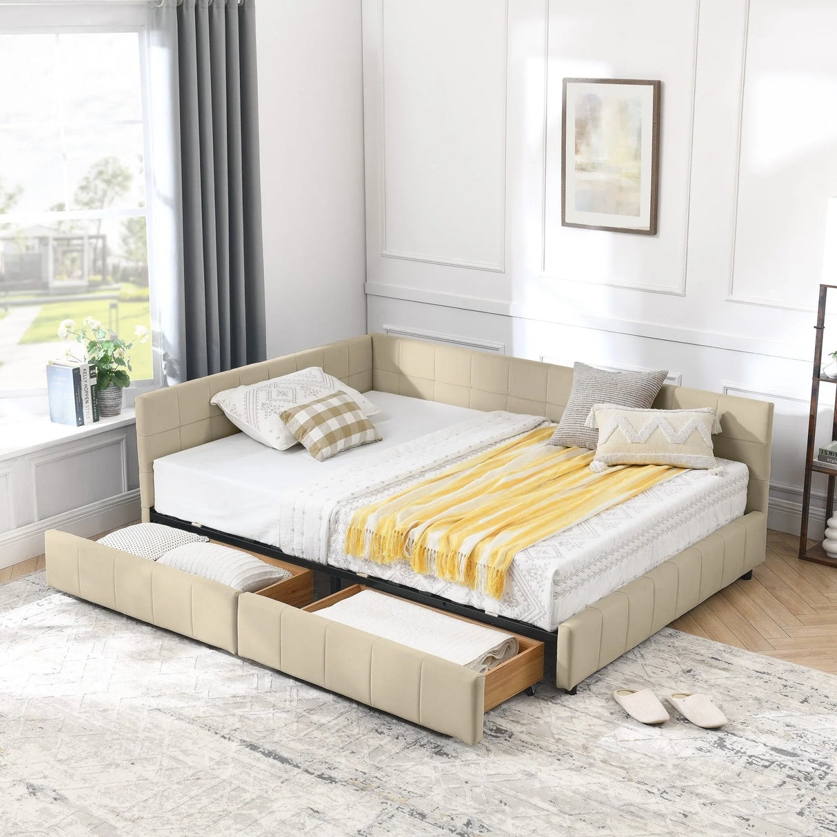 Mid-Century Storage Upholstered Tufted Bed Frame With Backrest And Armrests - Furniture Home Direct