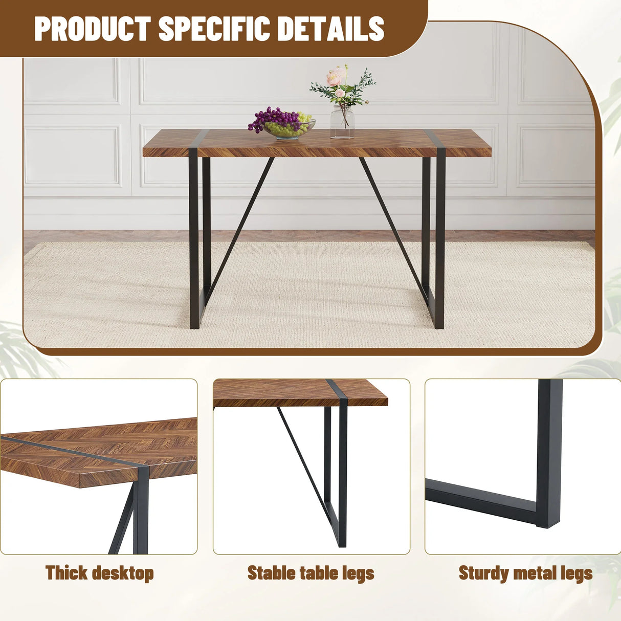 Dining Table Herringbone Wood Top And Metal Base Black - Furniture Home Direct