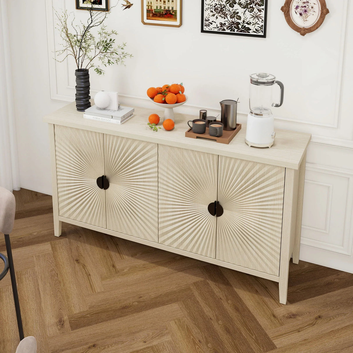 4 Door Sideboard, Carved Sideboard Buffet Cabinet With Storage, Modern Coffee Bar Cabinet With Adjustable Shelf For Living Room, Dining Room, Kitchen - Natural - Furniture Home Direct