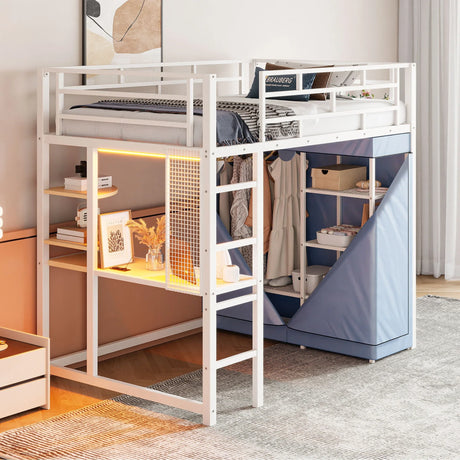 Loft Bed With Desk, Shelves, Power Outlet, LED Light And Wardrobe - Furniture Home Direct