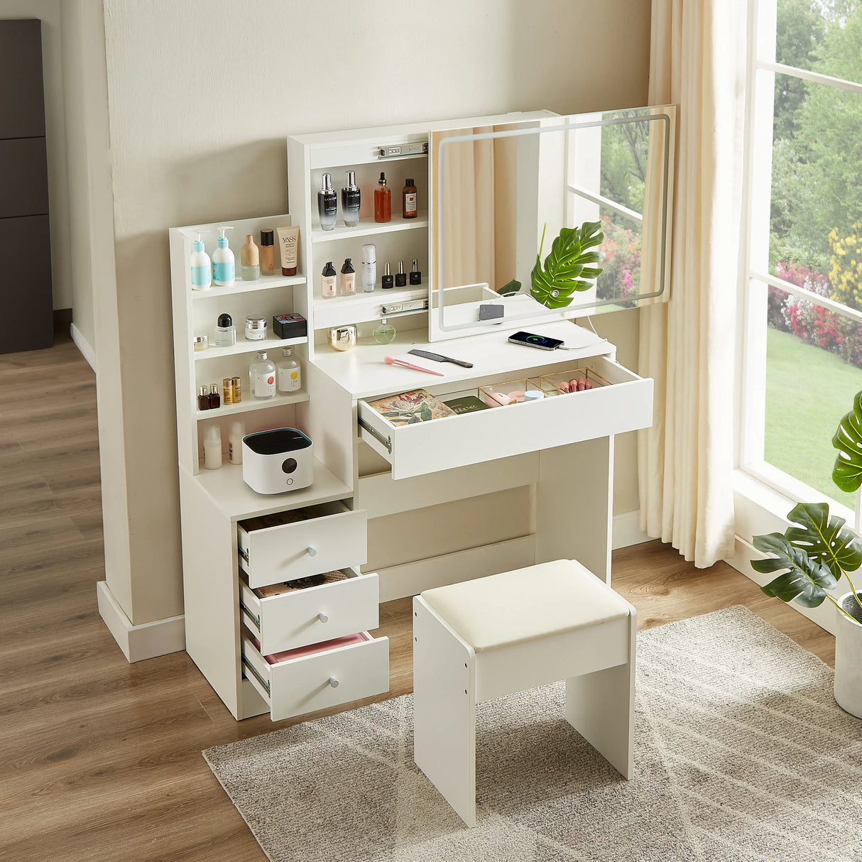 Vanity Table With LED Mirror And Built In Storage White - Furniture Home Direct