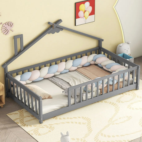 House-Shaped Bedside Floor Bed With Guardrails, Slats, Without Door - Furniture Home Direct