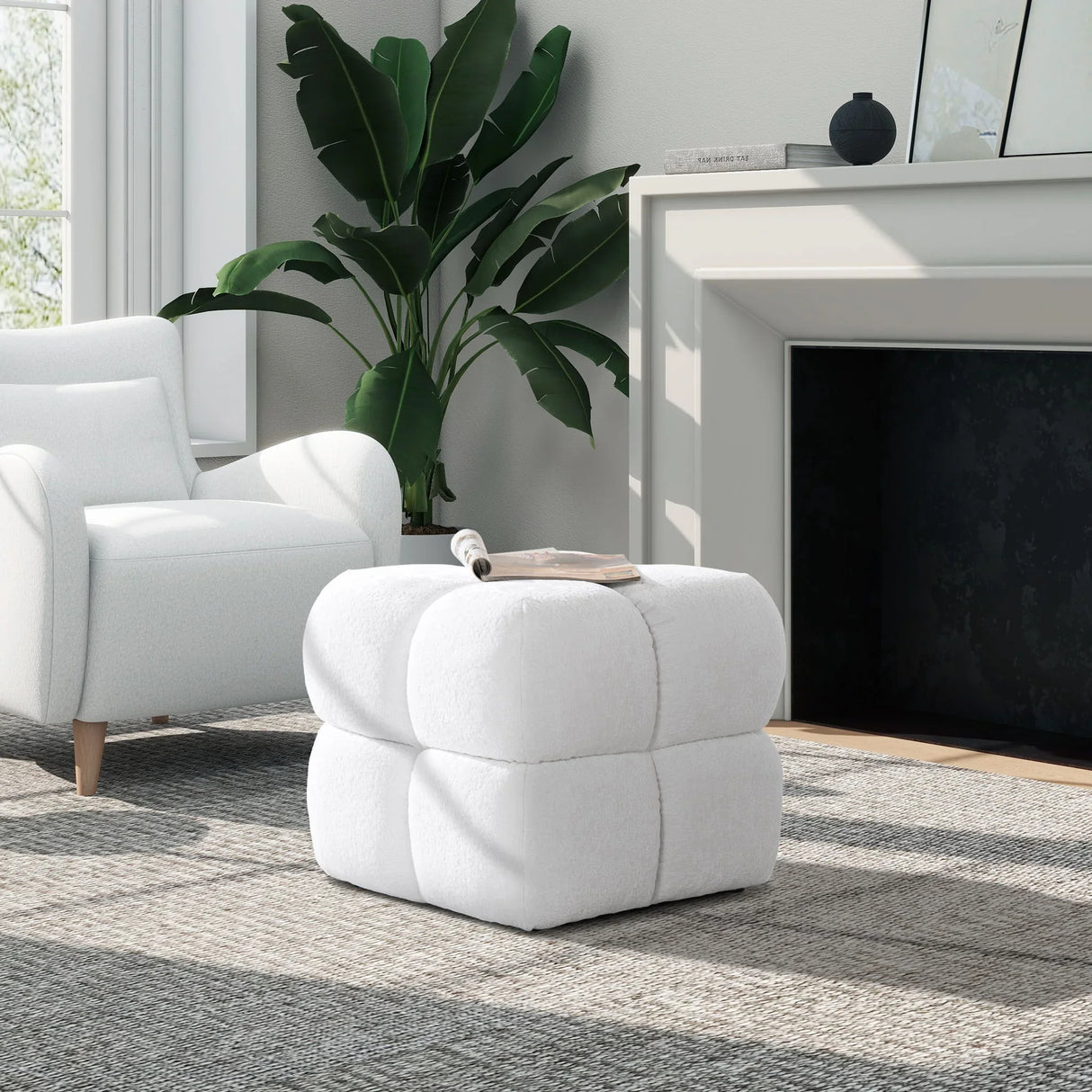 Pixel - Oversized Square Tufted Pouf Ottoman - Almond White - Furniture Home Direct