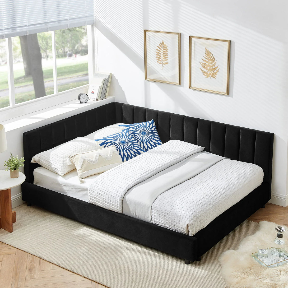 Mid-Century Upholstered Tufted Bed Frame With Backrest And Armrests - Furniture Home Direct
