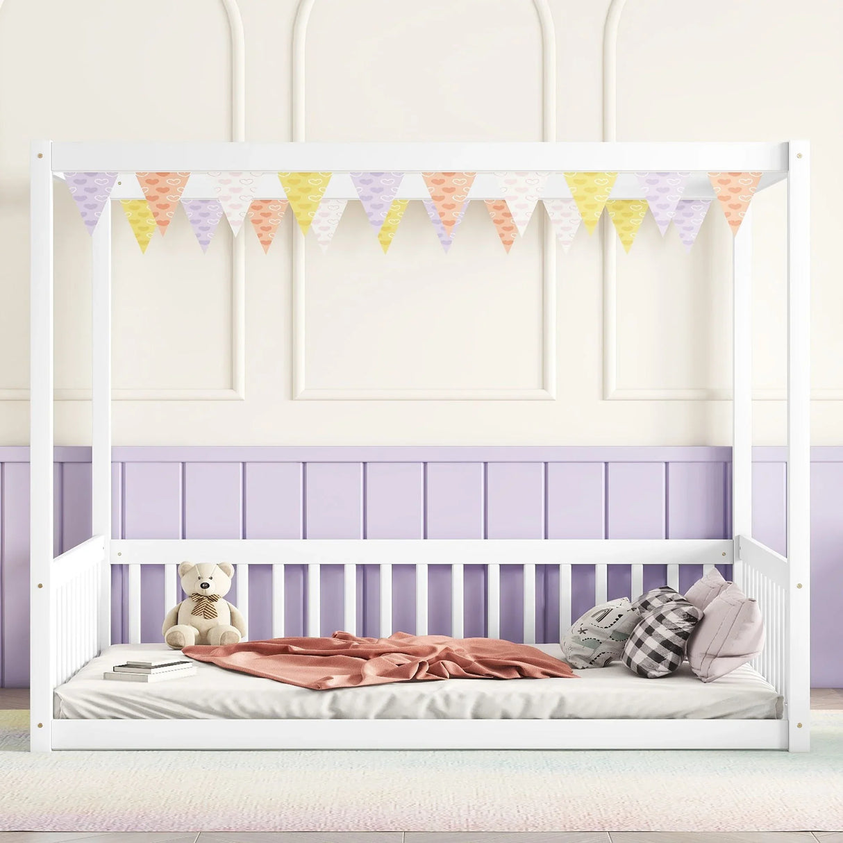 Canopy Frame Floor Bed With Fence, Guardrails - Furniture Home Direct