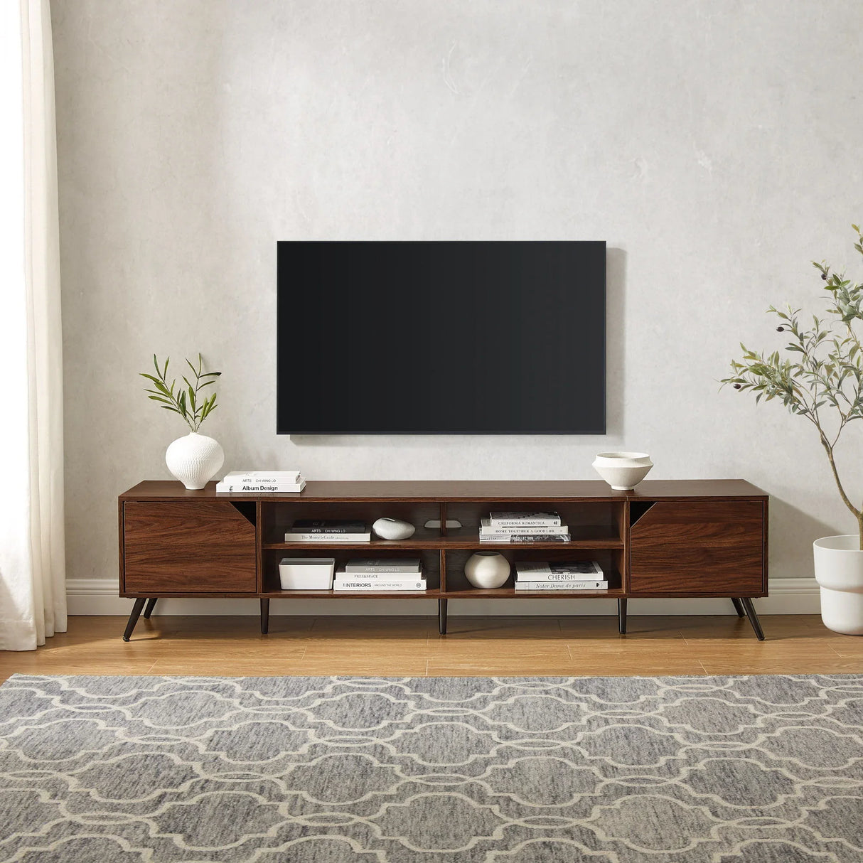 Contemporary 2 Door Minimalist TV Stand For TVs Up To 90" - Dark Walnut - Furniture Home Direct