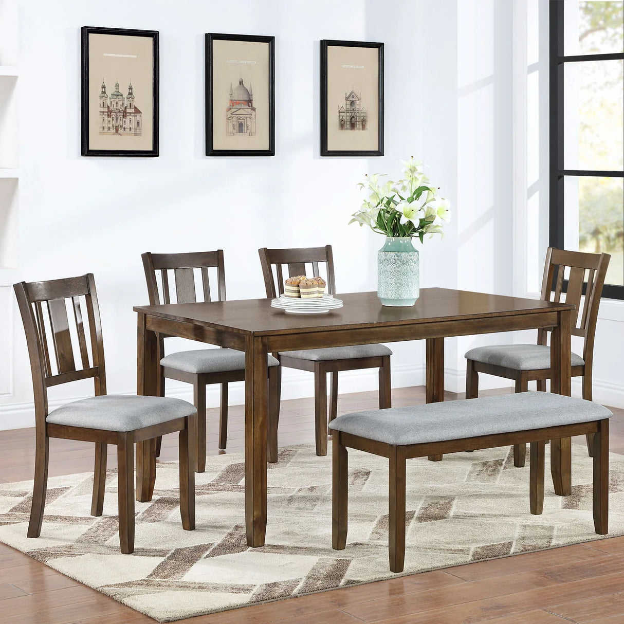 6 Pieces Kitchen Dining Set, Rectangular Wooden Dining Table With 4 Upholstered Chairs And A Bench - Furniture Home Direct