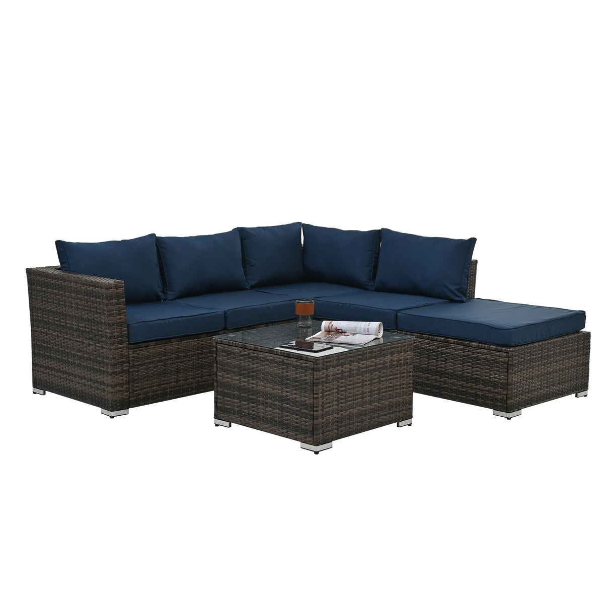 4 Piece Outdoor Sectional Set With Tempered Glass Coffee Table - Blue - Furniture Home Direct