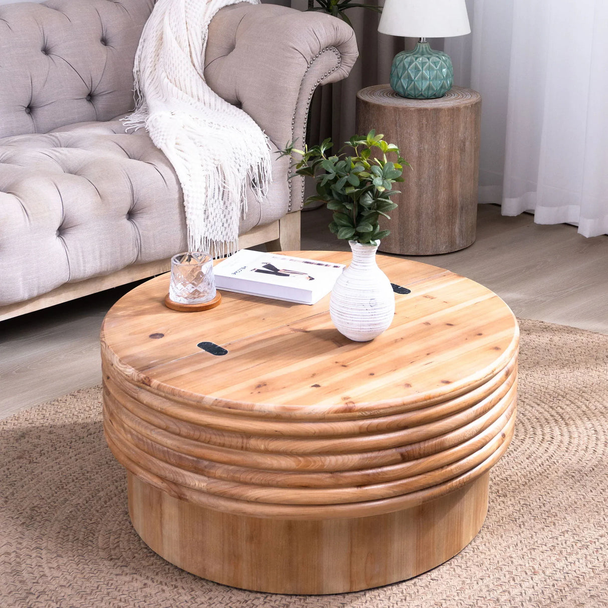 Round Wooden Coffee Table With Hidden Storage, Modern Rustic Centerpiece For Living Room - Multi / Natural / Rustic - Furniture Home Direct