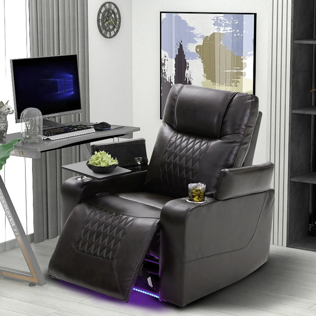 Power Motion Recliner With USB Charging Port And Hidden Arm Storage 2 Convenient Cup Holders Design And 360 Degree Swivel Tray Table - Furniture Home Direct
