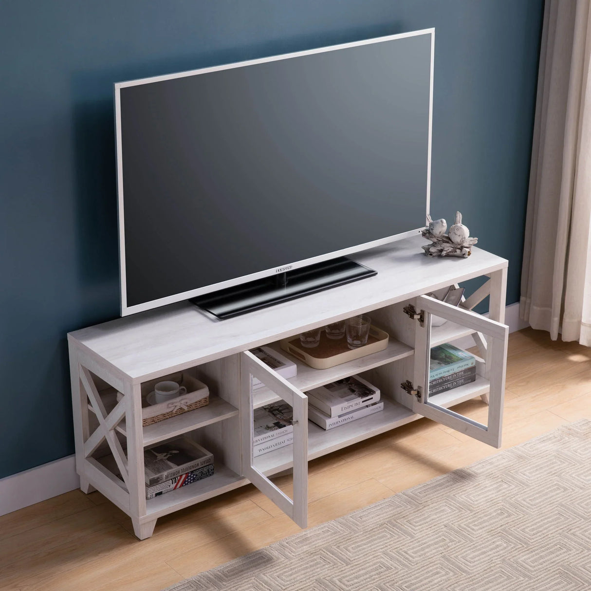 Farmhouse Home Entertainment Center, TV Stand With 4 Shelves And Transparent Center Cabinet - White Oak - Furniture Home Direct