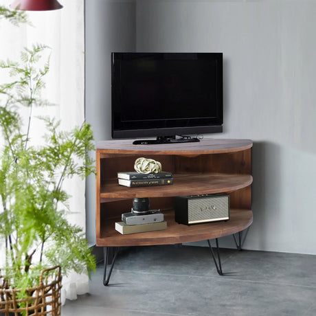 Fan Shape Reclaimed Wood Corner Media Table For Living Room Wise Use Your Space - Natural - Furniture Home Direct