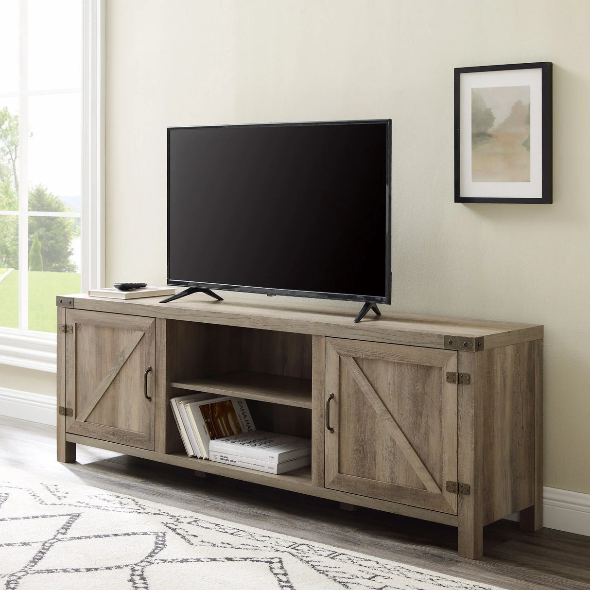 Rustic Farmhouse Double Barn Door 70" TV Stand For 80" TVs With Center Shelves - Furniture Home Direct