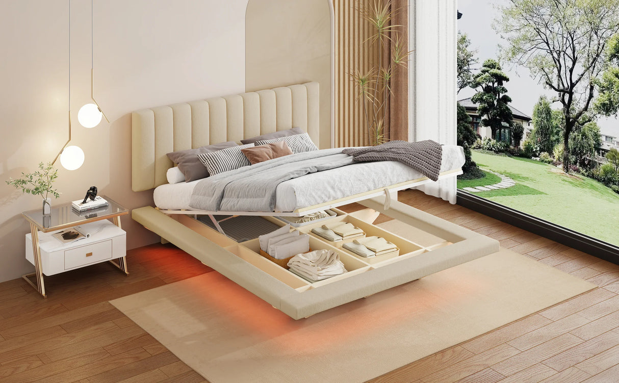 Queen Bed With Upholstered Storage And LED Lighting Beige - Furniture Home Direct