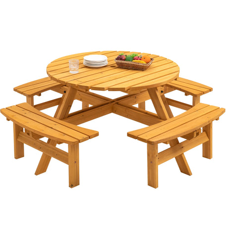 8 Person Wooden Picnic Table, Outdoor Camping Dining Table With Seat, Garden, Diy With 4 Built-In Benches, 2220Lb Capacity - Furniture Home Direct