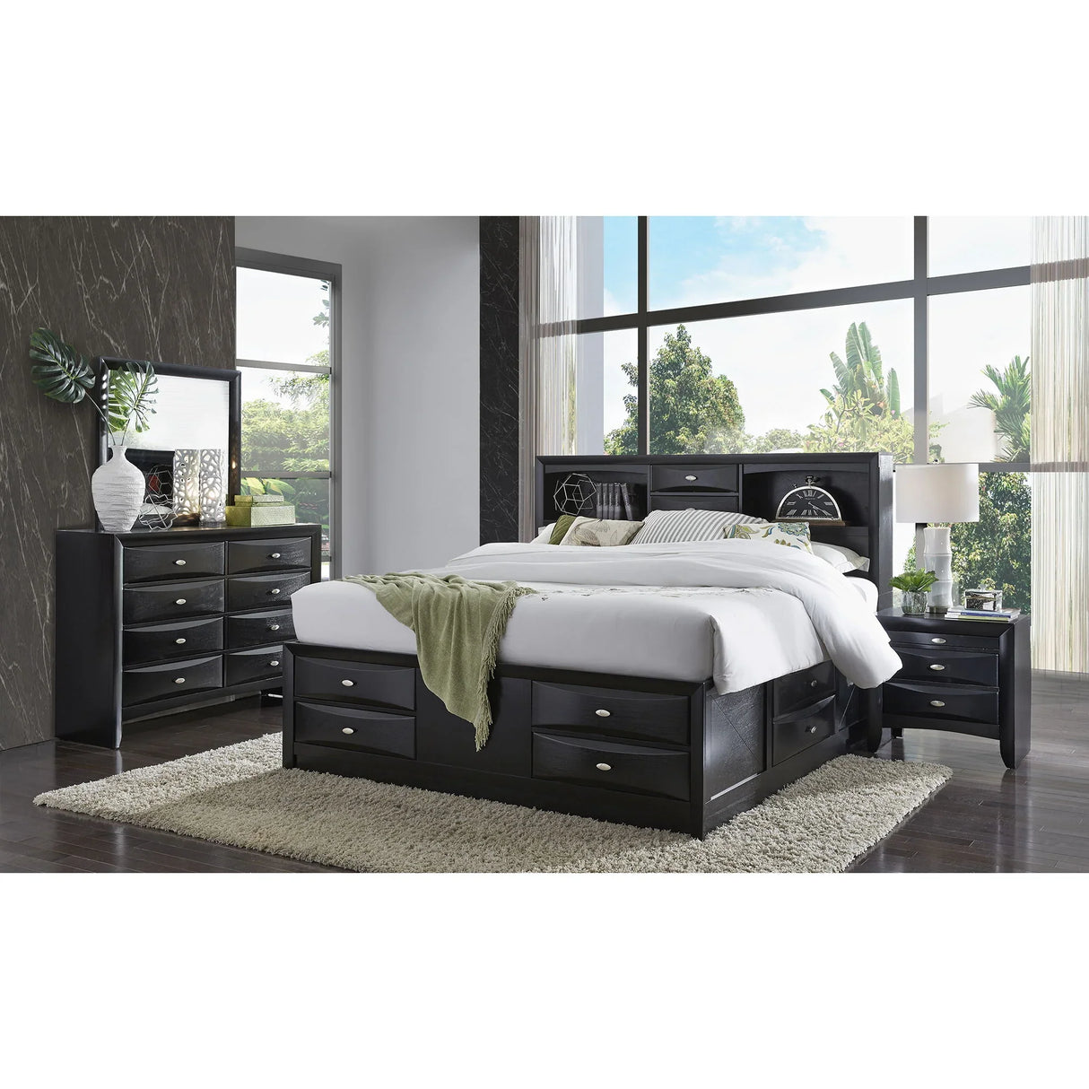 Lucille - 5 Piece Bedroom Set With Storage Drawers And Bookcase Headboard - Furniture Home Direct
