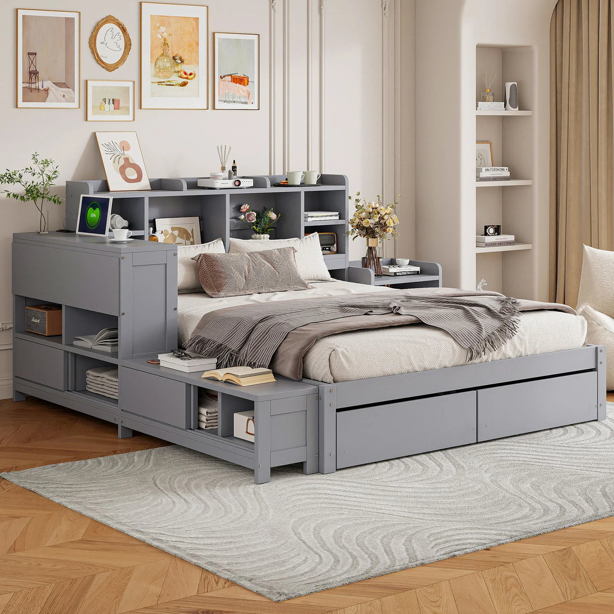 Platform Bed With Multi Functional Storage Space, Nightstand, 2 Drawers, USB Ports And Desk - Furniture Home Direct