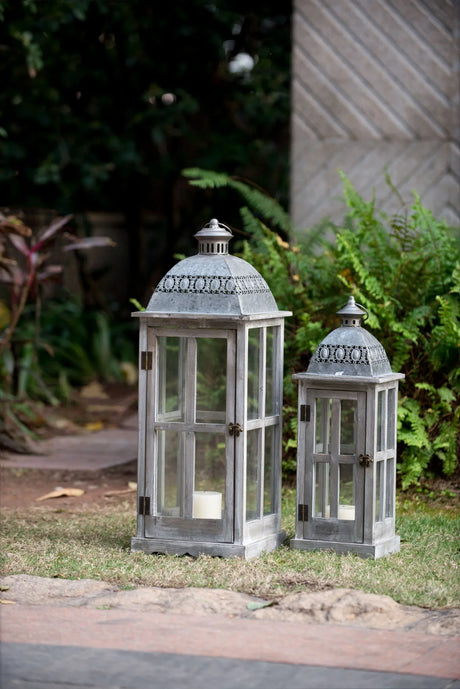 Wooden Candle Lantern Decorative, Hurricane Lantern Holder Decor For Indoor Outdoor, Home Garden Wedding - Gray - Furniture Home Direct