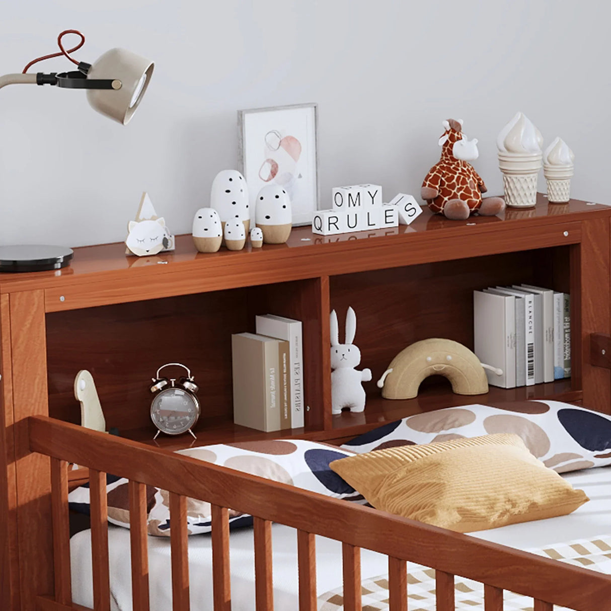 Bed With Headboard Storage Rack, 2 Under Bed Drawers, 3 Side Guardrails For Safety - Furniture Home Direct